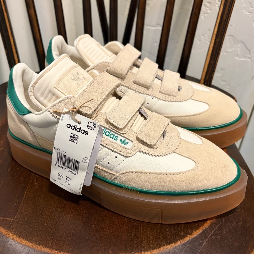 adidas Women’s Beige Suede Sneakers with Green Trim